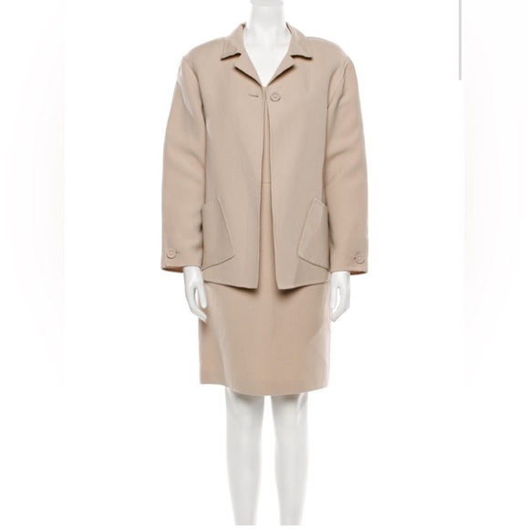 OSCAR DE LA RENTA Vintage Union Made 1980's Tan Dress & Jacket Set Size 8 - Picture 1 of 15